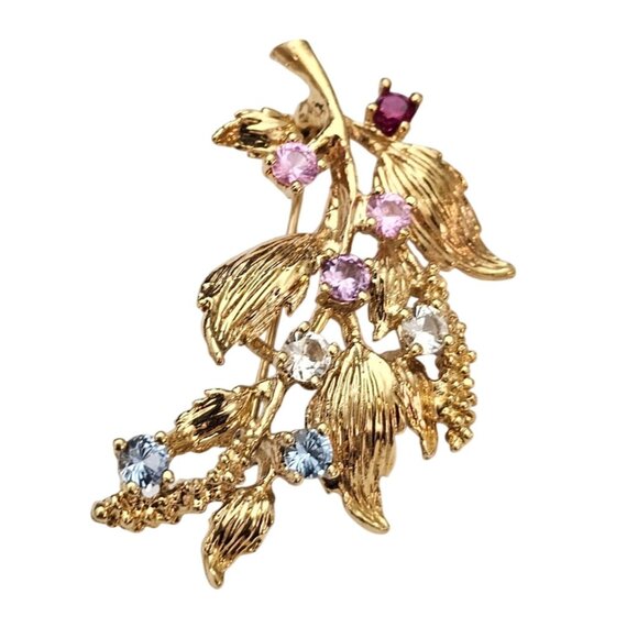 Vermeil Sterling Leaf Branch Brooch Multi Color Gem Lab Stone Pin C668 - Picture 4 of 9